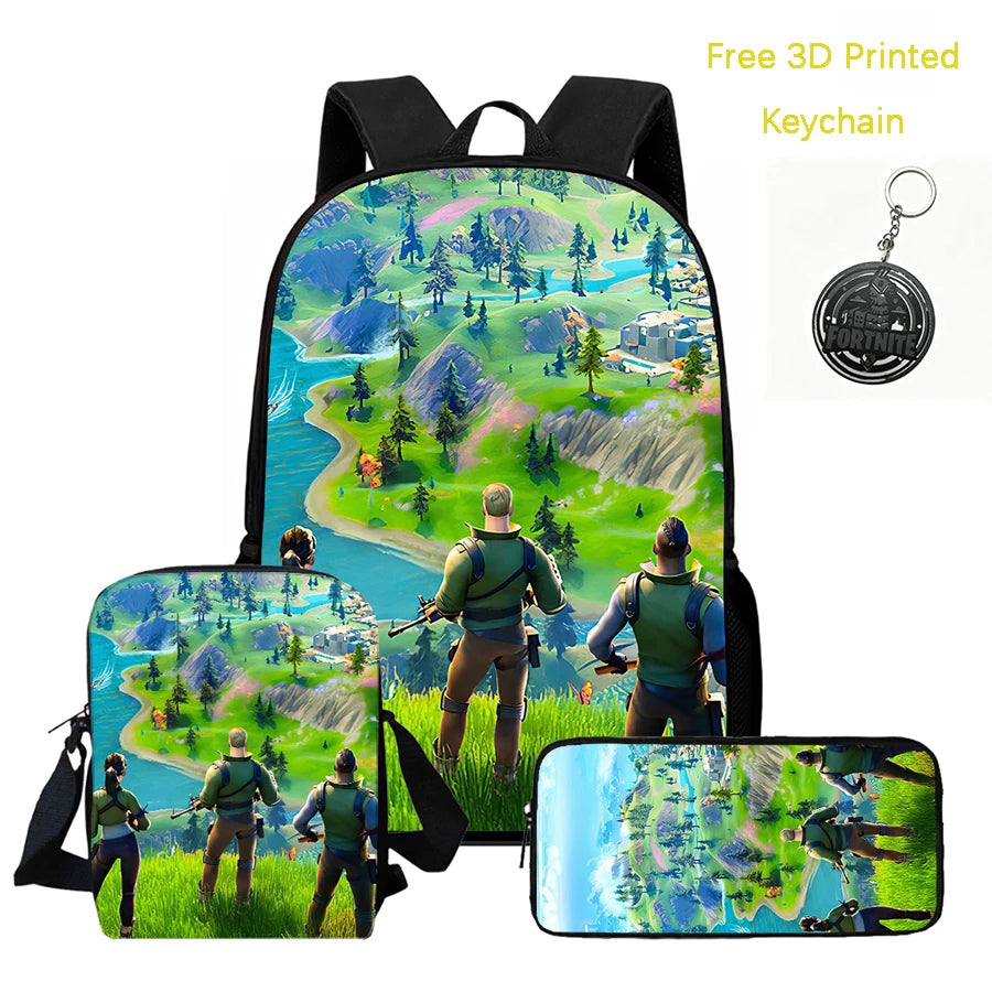 3Pcs Kids Backpack Set, Crossbody & Pencil Bag, FORTNITE Cartoon Bag, Lightweight for Boys Girls 5-10, Free 3D Printed Keychain