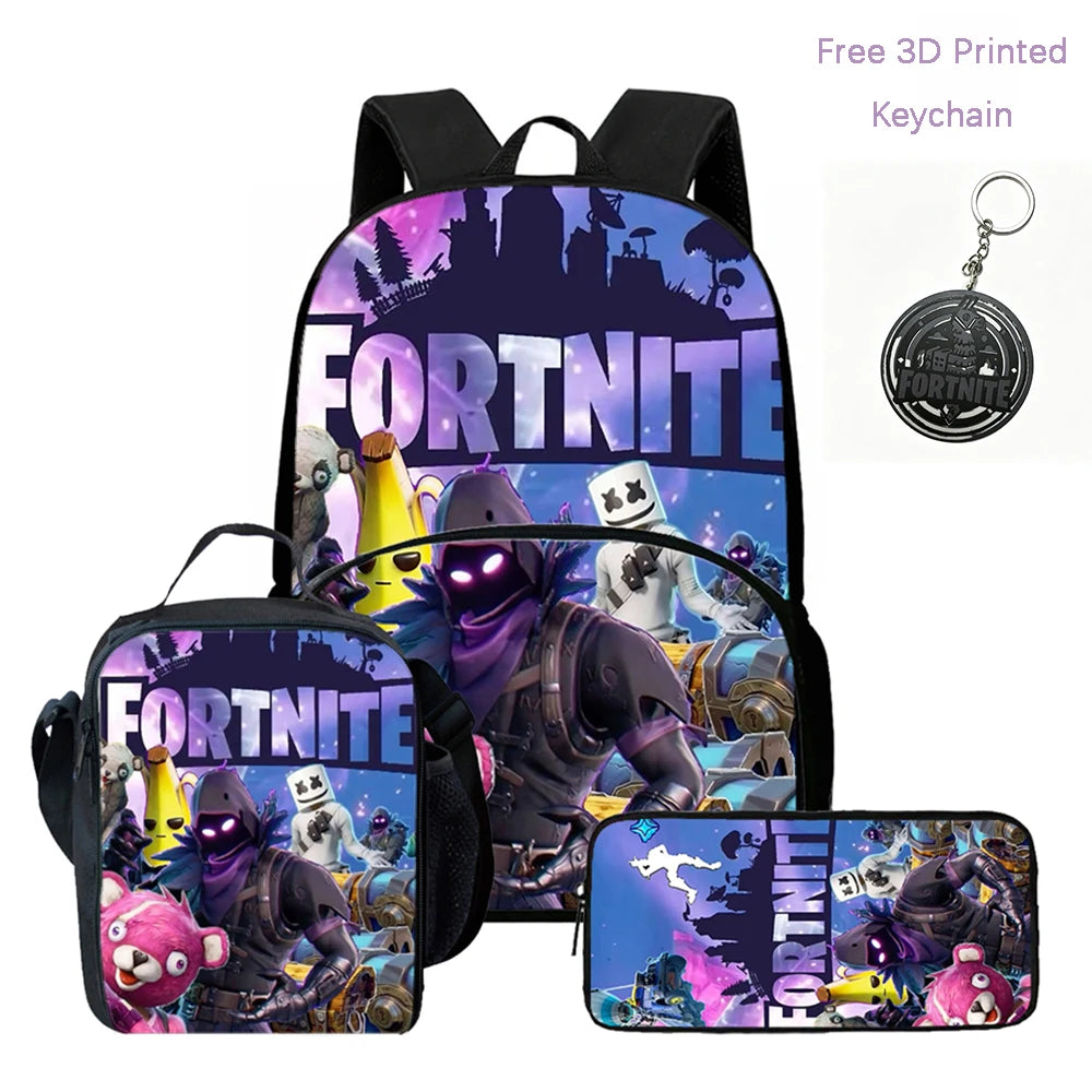 Lightweight FORTNITE 3Pcs Backpack With Front Pocket Lunch Bag Pencil Bag Free 3D Printed Keychain For Boys Girls Kids Aged 5-10