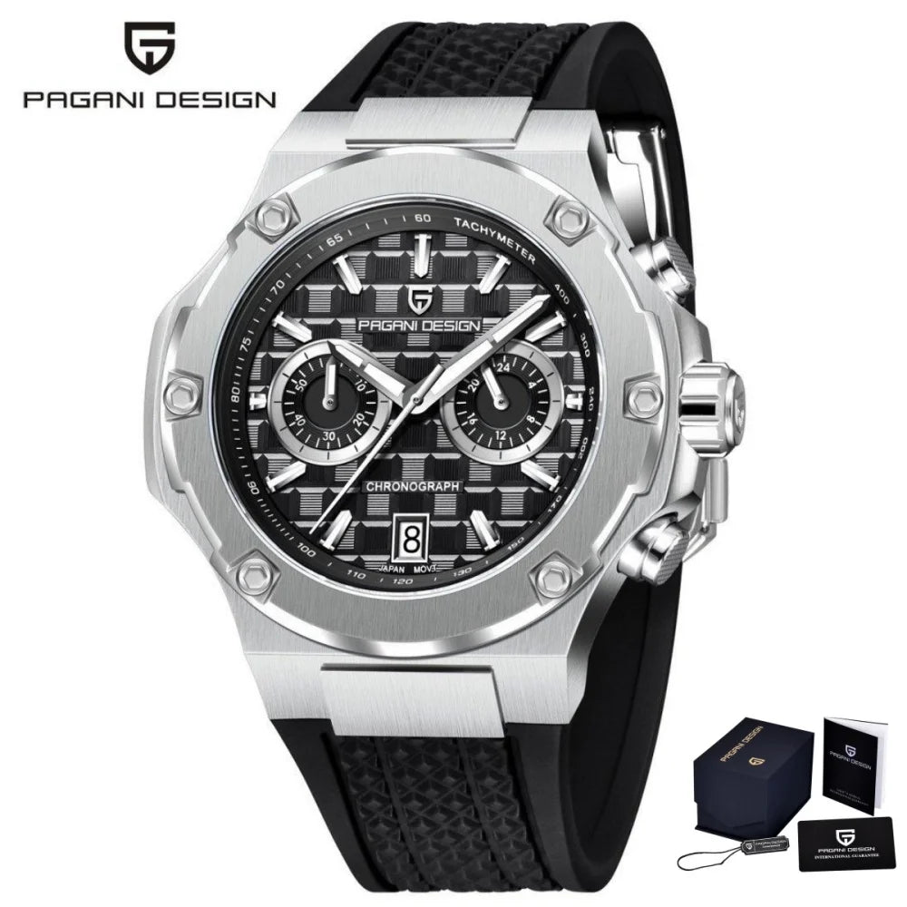 PAGANI DESIGN PD-YS032 Men's Quartz Watch 44mm Japan VK64 Movement Stainless Steel Case Rubber Strap Sapphire Glass 100M Waterproof