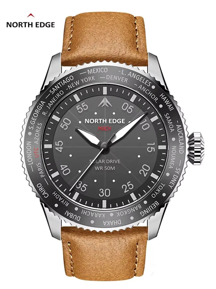 NORTH EDGE 2024 MACH Solar Power Quartz Watch Men Waterproof 50M Men's Pilot Sports Wristwatches Luminous Environmentally Friendly Clock