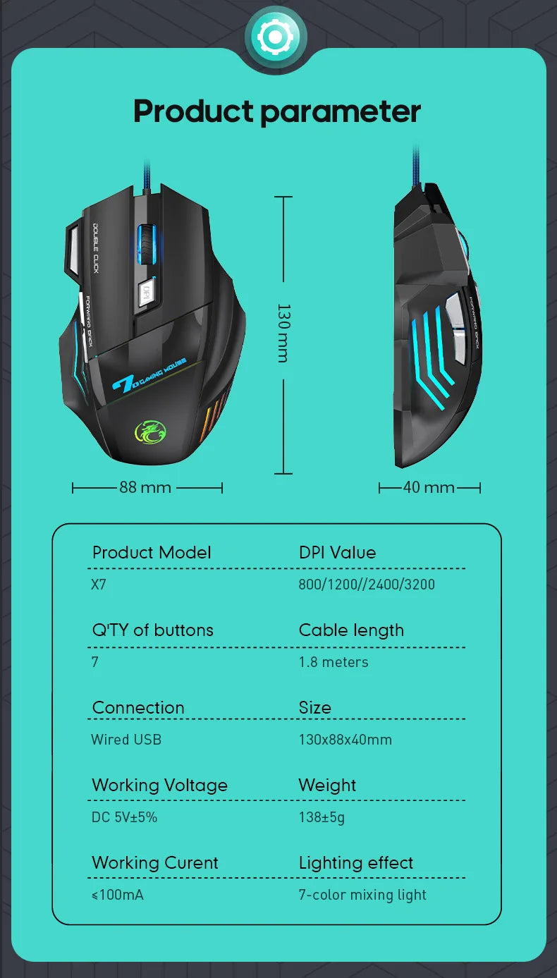 IMICE X7 Optical Gaming Mouse Adjustable DPI Ergonomic Anti Slip Design Colorful Luminuse Suitable for DesktopComputers Laptop