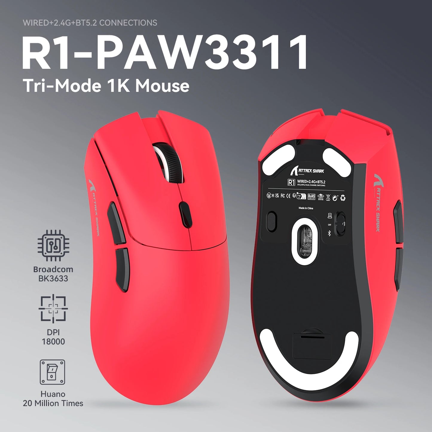 ATTACK SHARK R1 Tri-mode Gaming Mouse, PixArt PAW3311 Sensor, 18000 DPI, 1000hz, 59g Ultralight for Big Hand, for PC/Mac