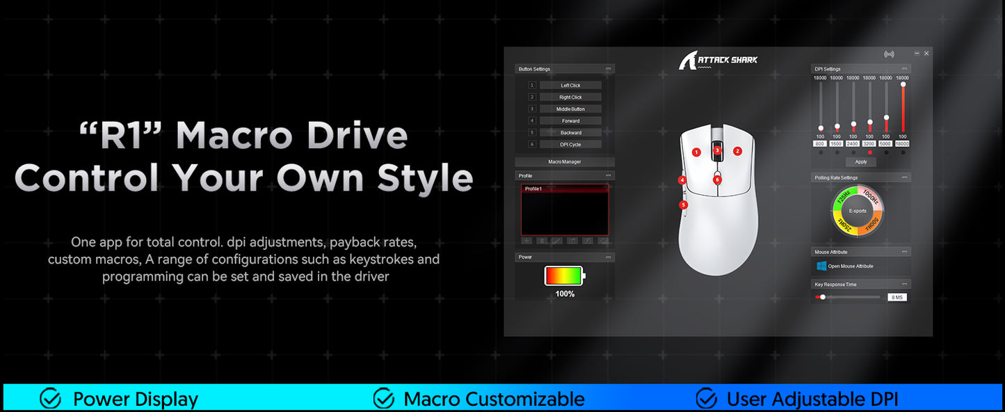 ATTACK SHARK R1 59g SUPERLIGHT Mouse, PixArt PAW3311 Gaming Sensor,  6 Adjustable DPI up to 18000, 65 Hrs Battery, G502