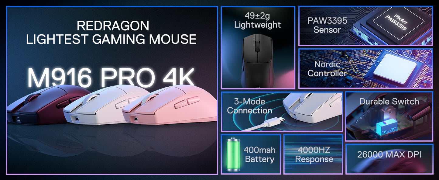 Redragon M916 PRO 3-Mode Wireless Gaming Mouse, Hype-Speed 4K Polling Rate, 49G Ultra-Light 26K DPI Gamer Mouse