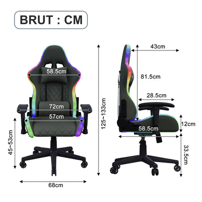 Superaly 72x58.5x125-133cm Ergonomic Gaming Chair RGB Light,Gamer Chair,PU Leather Office Chair with Headrest & Lumbar Cushion