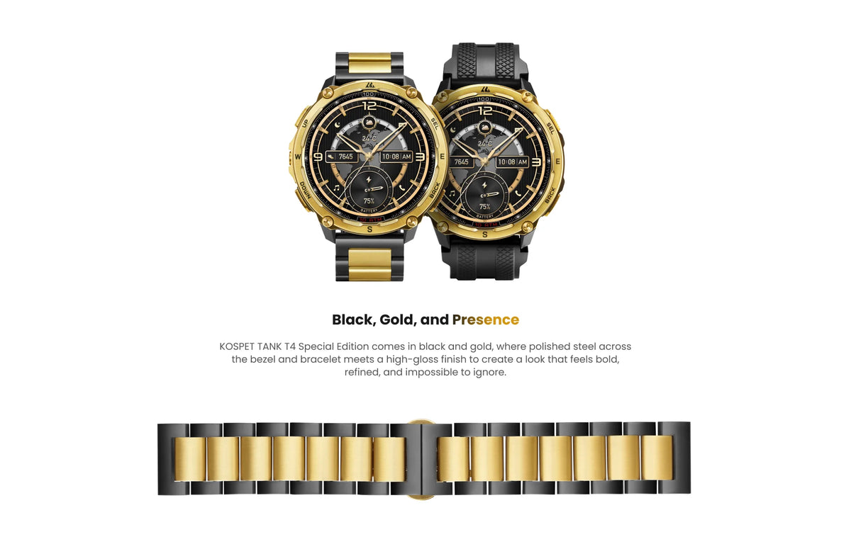 KOSPET Tank T4 SE robuust smartwatch voor heren, militaire kwaliteit, volledig roestvrij staal, GPS, 100 m waterdicht, 45 m vrijduiken, gezondheidsmonitor