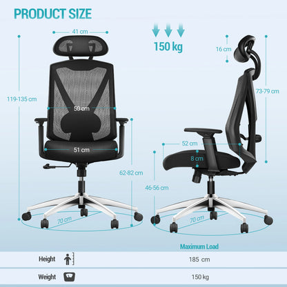 1 Black Ergonomic Office Chair, Computer Chair, Swivel Chair with Adjustable Lumbar Support, Headrest and Armrest, Height Adjustment