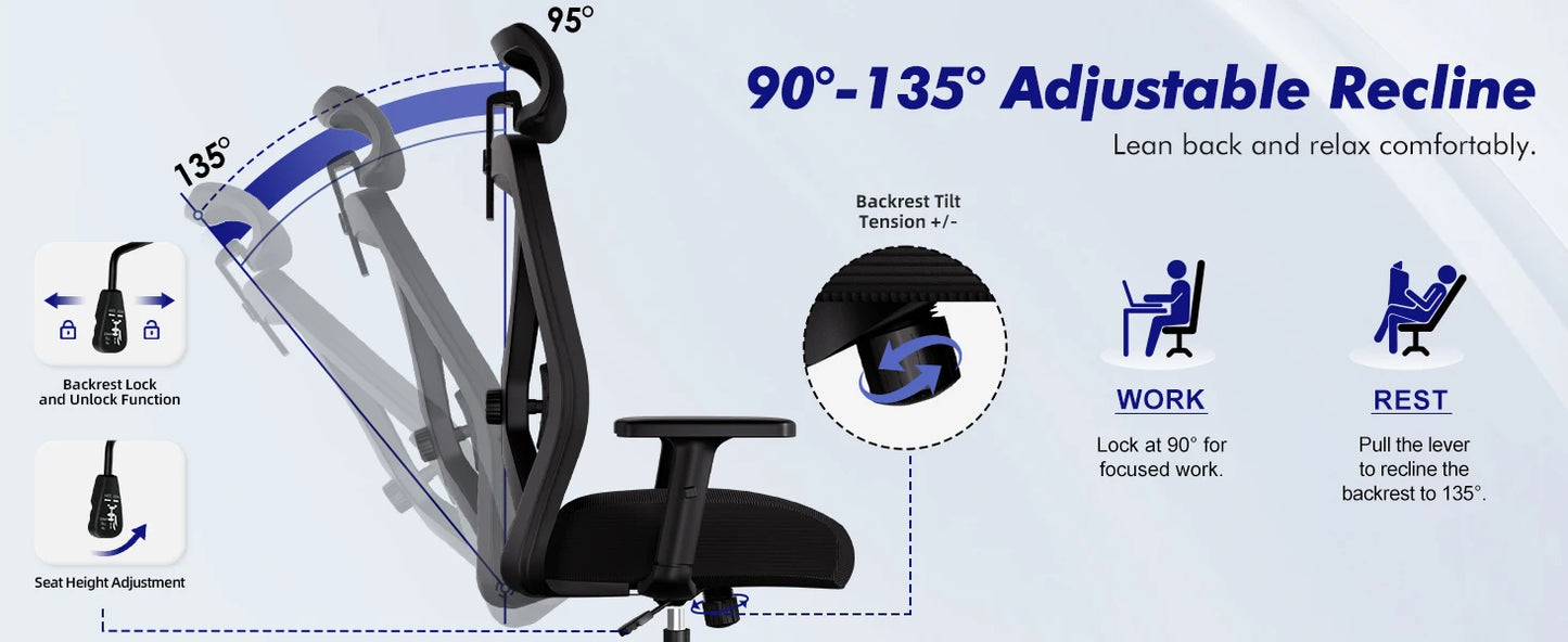 Hiazurm Office Chair Ergonomic, Desk Chair with Lumbar Support 3D, Height-adjustable Office Chairs for home with Adjustable Headrest and Armrests, Computer Chairs Ideal for Company,  Home and Gaming
