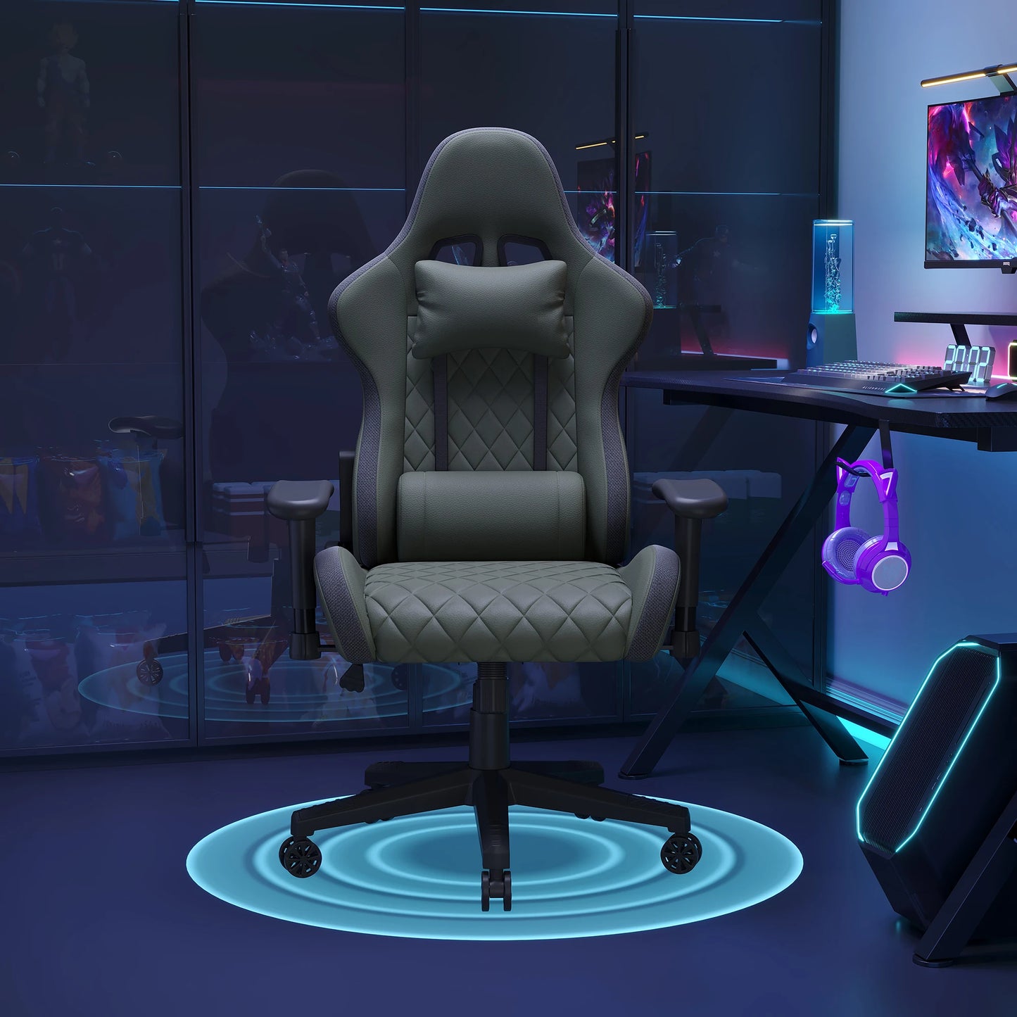 Comanlai Rgonomic Gaming Chair with RGB Lighting, PVC Leather Computer Chair, Adjustable Seat Height and Backrest, Waist Massage