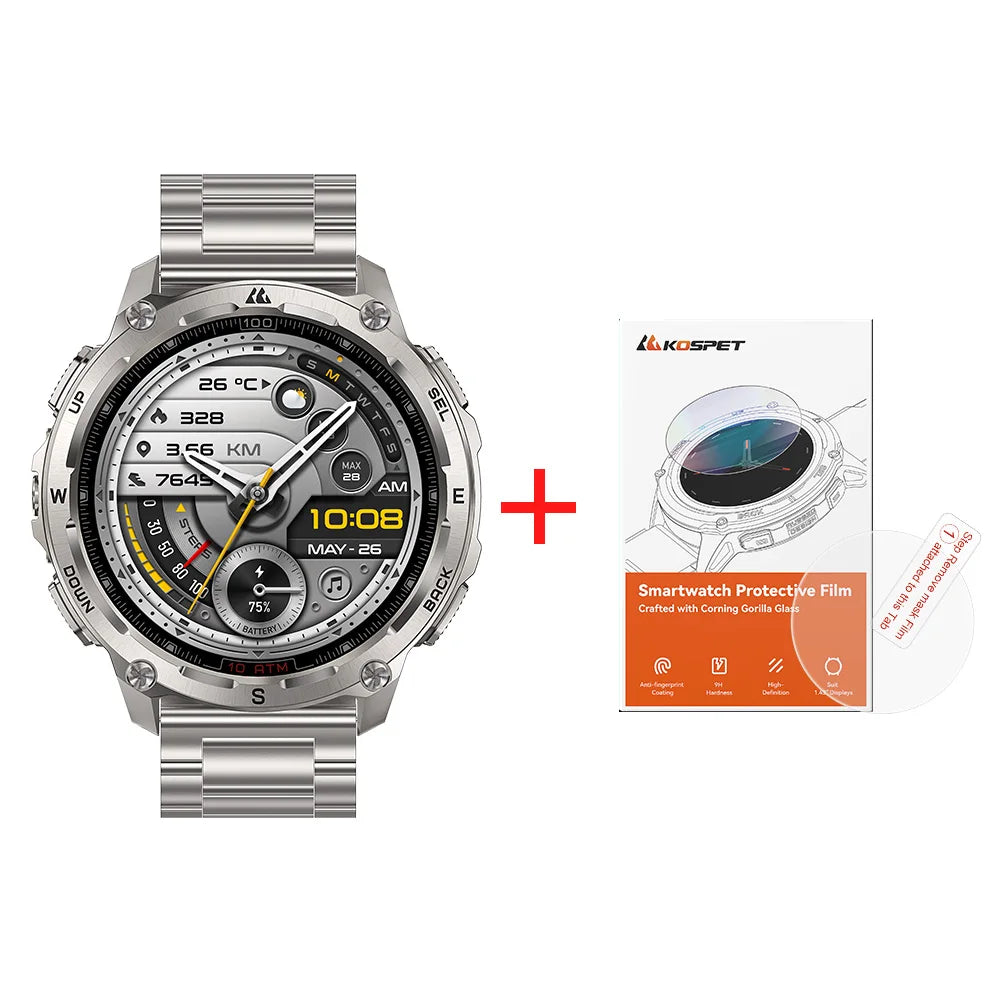 KOSPET Tank T4 SE robuust smartwatch voor heren, militaire kwaliteit, volledig roestvrij staal, GPS, 100 m waterdicht, 45 m vrijduiken, gezondheidsmonitor