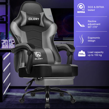 HIAZURM Ergonomic Gaming Chair for Adults with Footrest, Adjustable Office Computer Chair, Reclining Backrest 90°–170°, Heavy-Duty 150kg Capacity