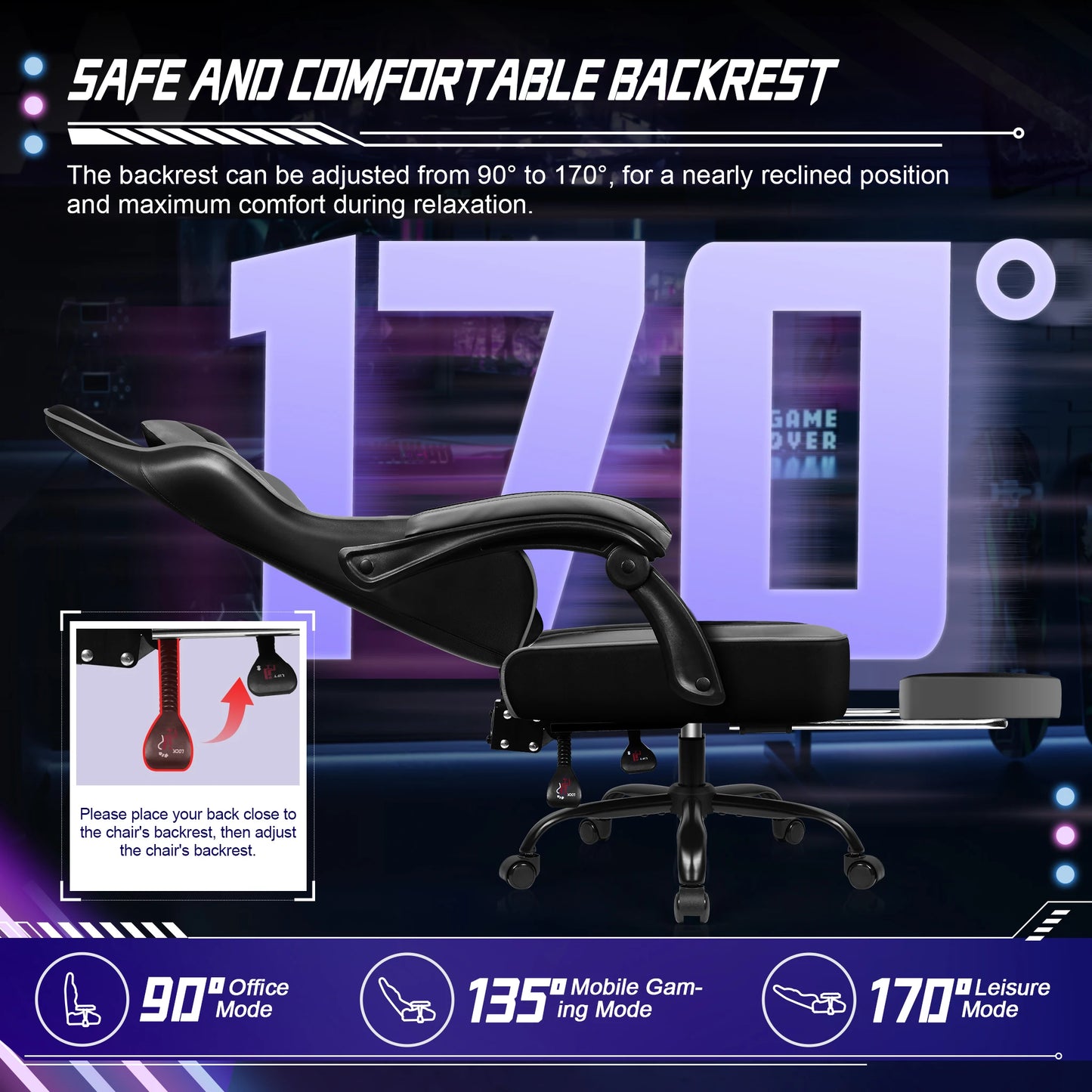 HIAZURM Ergonomic Gaming Chair for Adults with Footrest, Adjustable Office Computer Chair, Reclining Backrest 90°–170°, Heavy-Duty 150kg Capacity