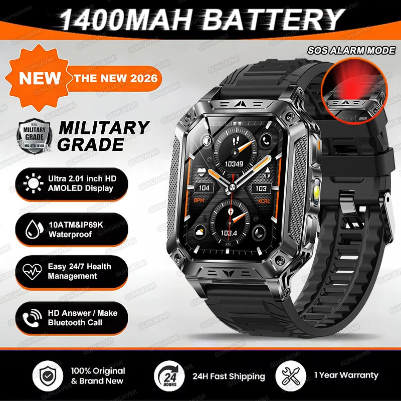 2026 TANK New 1400mAh Military GPS Smart Watch Men 2.01" AMOLED Screen 10ATM Waterproof Clock SOS Call Flashlight Smartwatch iOS