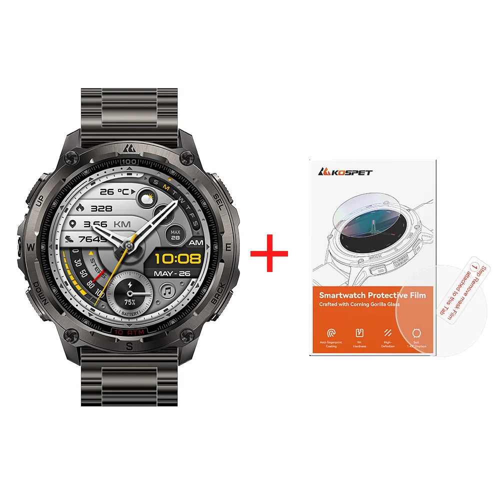 KOSPET Tank T4 SE robuust smartwatch voor heren, militaire kwaliteit, volledig roestvrij staal, GPS, 100 m waterdicht, 45 m vrijduiken, gezondheidsmonitor