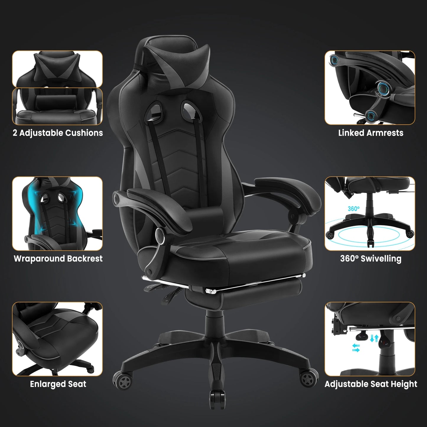 WOLTU Swivel  Gaming Racing Chair Desk Office Computer Chair Sports Seat with Headrest Lumbar Cushion Footrest Gamer Chair