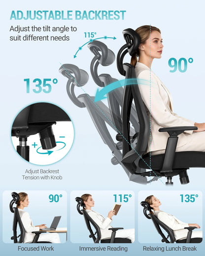 1 Black Ergonomic Office Chair, Computer Chair, Swivel Chair with Adjustable Lumbar Support, Headrest and Armrest, Height Adjustment
