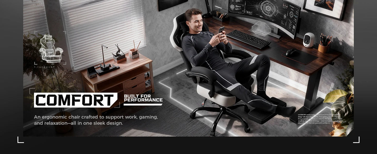 LUCK RACER Gaming chair, Connected Armrests Office Chair, Memory Foam Cushion, 90-155 ° Incline Angle and Footrest