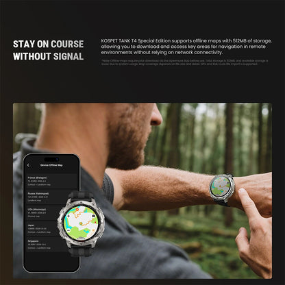 KOSPET Tank T4 SE robuust smartwatch voor heren, militaire kwaliteit, volledig roestvrij staal, GPS, 100 m waterdicht, 45 m vrijduiken, gezondheidsmonitor