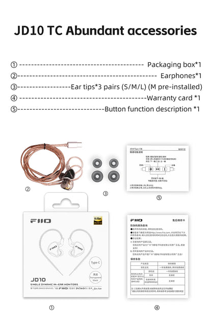 FiiO JD10 3.5mm / Type-C Wired In-Ear Earphone Hi-Res Audio HIFI Bass Stereo Music Earbuds Sport Gaming Headset