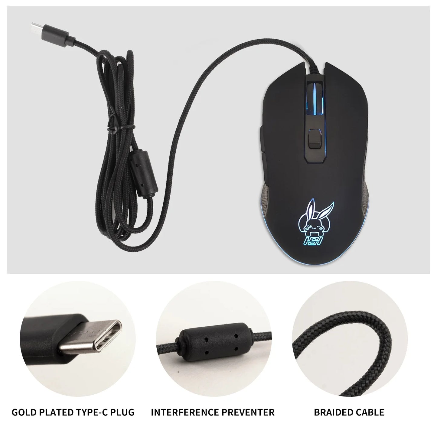 Färgstark lysande USB-C-mus med ljudavstängning för bärbar dator med Type-C – gamingmus