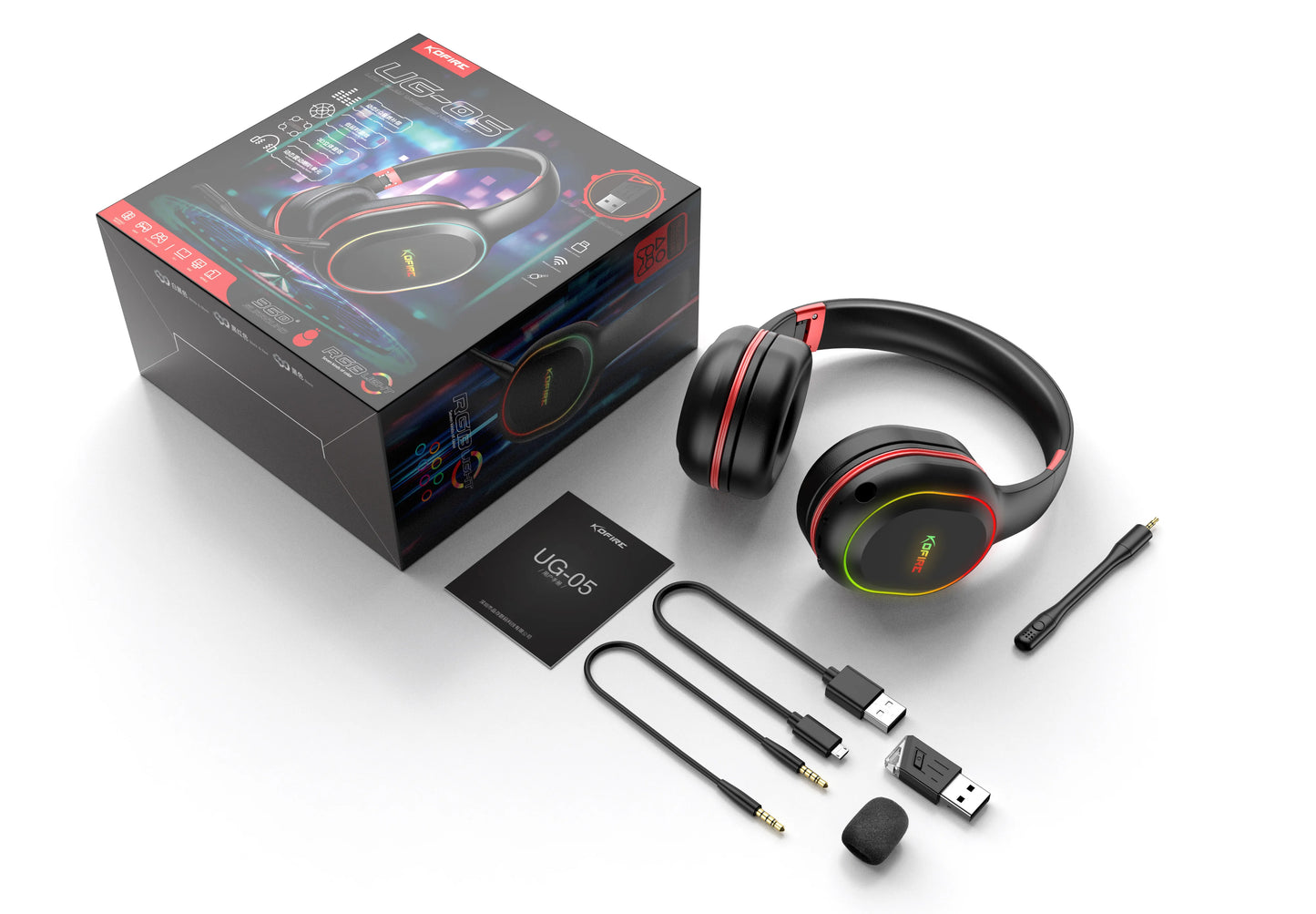 Kofire UG-05 Wireless Gaming Headset with Mic, RGB Lights, 2.4G Bluetooth 5.0 Gaming Headphones for PS5 PS4 PC Switch