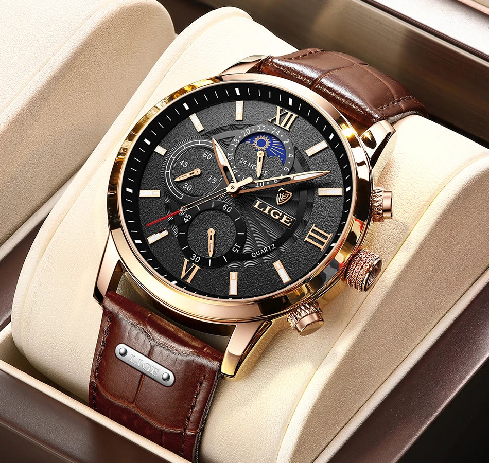2025 New Men's Watches LIGE Top Brand Luxury Leather Casual Quartz Watch Men's Sport Waterproof Clock Watch Relogio Masculino+Box