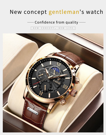 2025 New Men's Watches LIGE Top Brand Luxury Leather Casual Quartz Watch Men's Sport Waterproof Clock Watch Relogio Masculino+Box