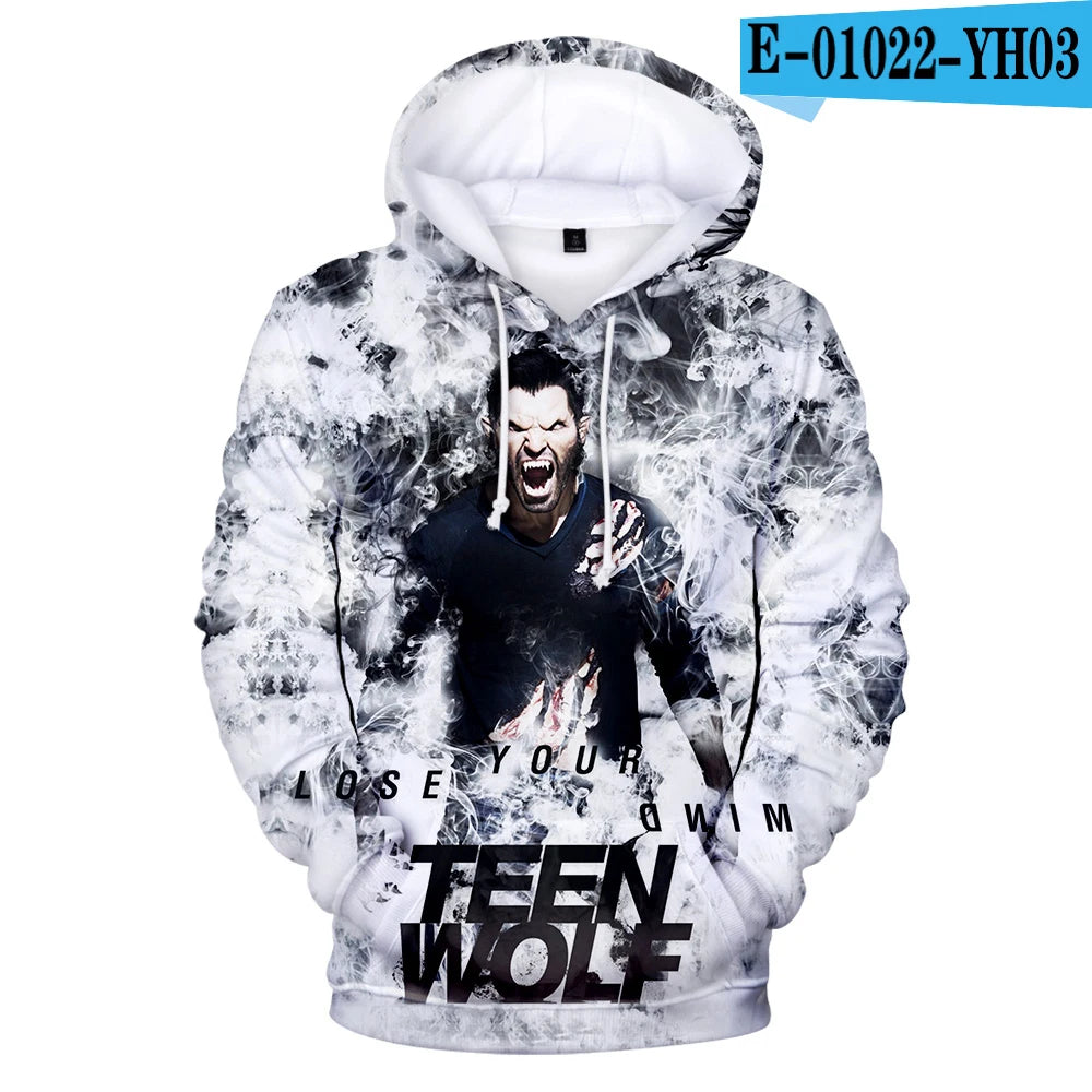 Nowe bluzy z kapturem z nadrukiem 3D inspirowane serialem TV TEEN WOLF – dla mężczyzn, kobiet i dzieci, moda Harajuku, jesienne streetwearowe pulowery hip-hop