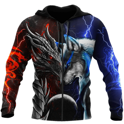 Red & Blue Dragon & Wolf 3D Printed Fashion Men's Autumn Hoodies Sweatshirt Unisex Streetwear Casual Zip Jacket Pullover KJ494