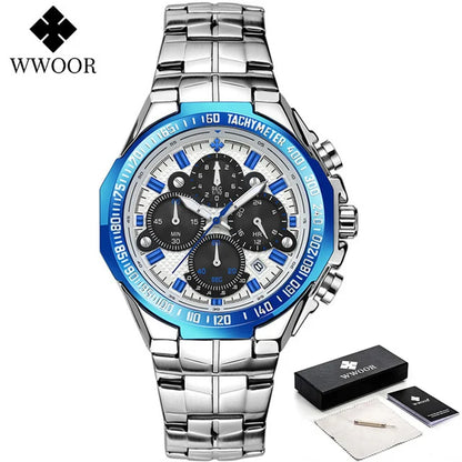 Sports Watches For Men Fashion Quartz Men Big Clock WWOOR Top Brand Luxury Military Full Steel Waterproof Chronograph Wristwatch
