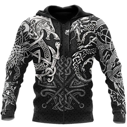 Sudaderas de moda con estampado 3D de lobo Fenrir y tatuaje de dragón por toda la prenda. Sudadera de hombre unisex con cremallera, chaqueta informal DW0220