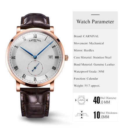 Carnival Brand Luxury Business Watch Fashion Waterproof Rose Gold Silver Calendar Automatic Mechanical Wristwatch For Men Reloj