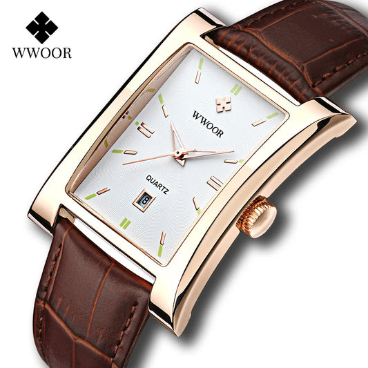 WWOOR Brand Classic Fashion Mens Rectangle Watches Male Gold Brown Leather Quartz Waterproof Wrist Watch For Men Calendar Clocks
