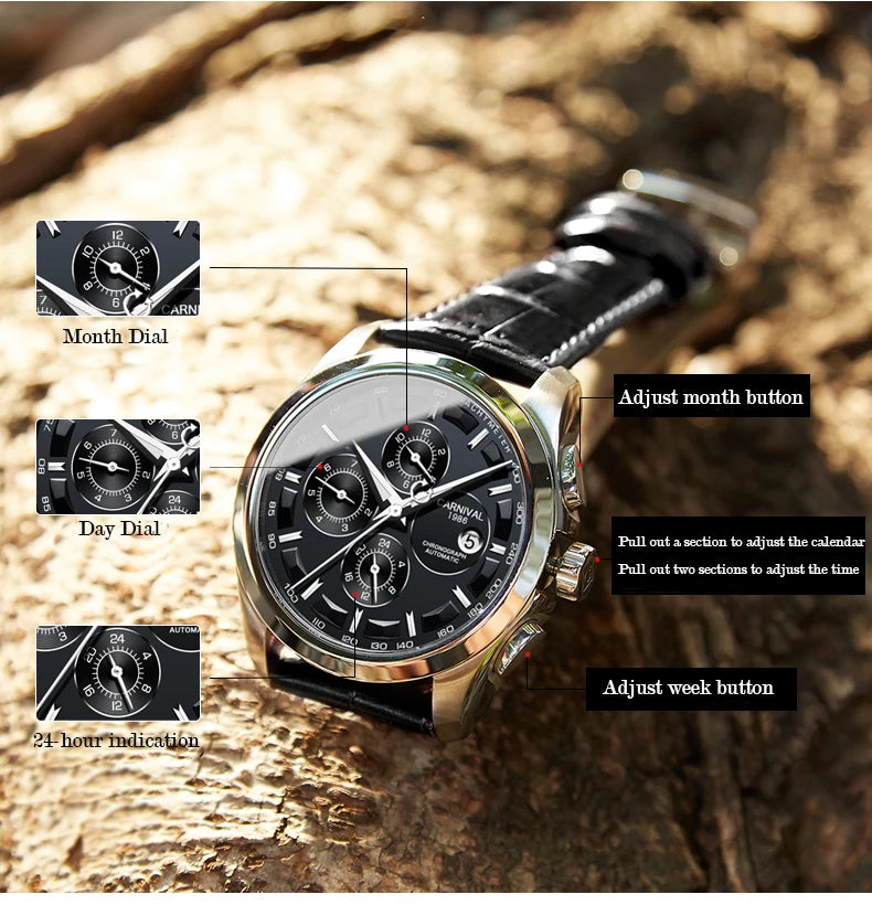 Men's Watch New Carnival Automatic Watches Men Business Mechanical Clock Leather Strap Waterproof Luxury Brand Clock