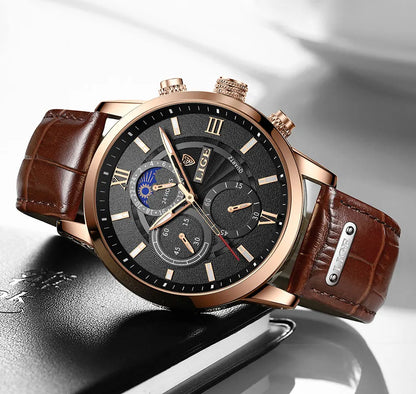 2025 New Men's Watches LIGE Top Brand Luxury Leather Casual Quartz Watch Men's Sport Waterproof Clock Watch Relogio Masculino+Box