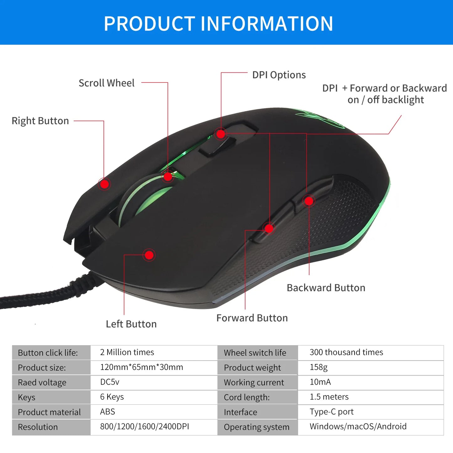 Färgstark lysande USB-C-mus med ljudavstängning för bärbar dator med Type-C – gamingmus