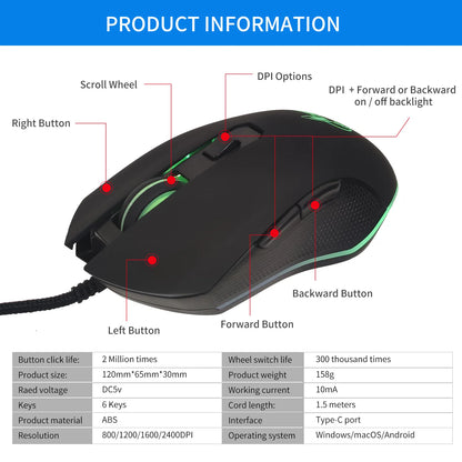 Färgstark lysande USB-C-mus med ljudavstängning för bärbar dator med Type-C – gamingmus