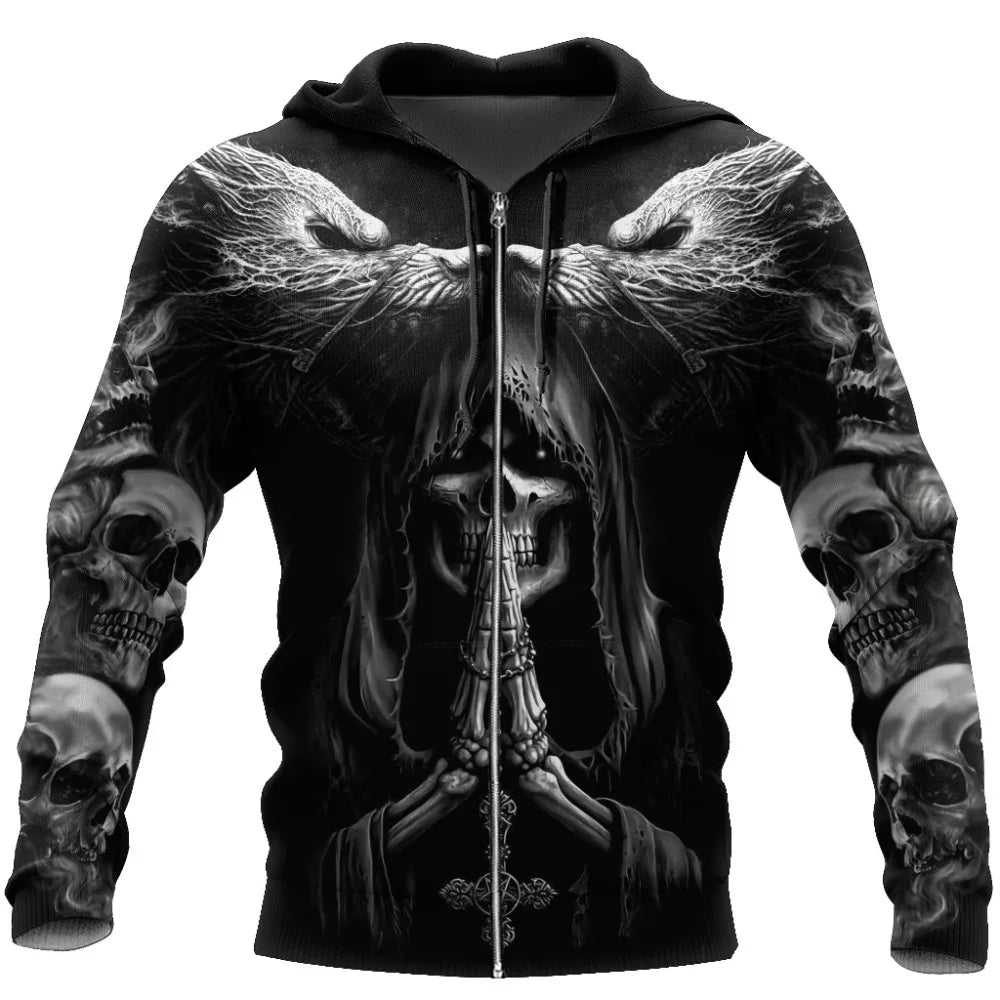 Jesienna moda – bluzy z kapturem z nadrukiem 3D przedstawiającym czaszkę wilka Fenrir na całej powierzchni – męska bluza z kapturem, unisex, zapinana na zamek, swobodna kurtka DW0364