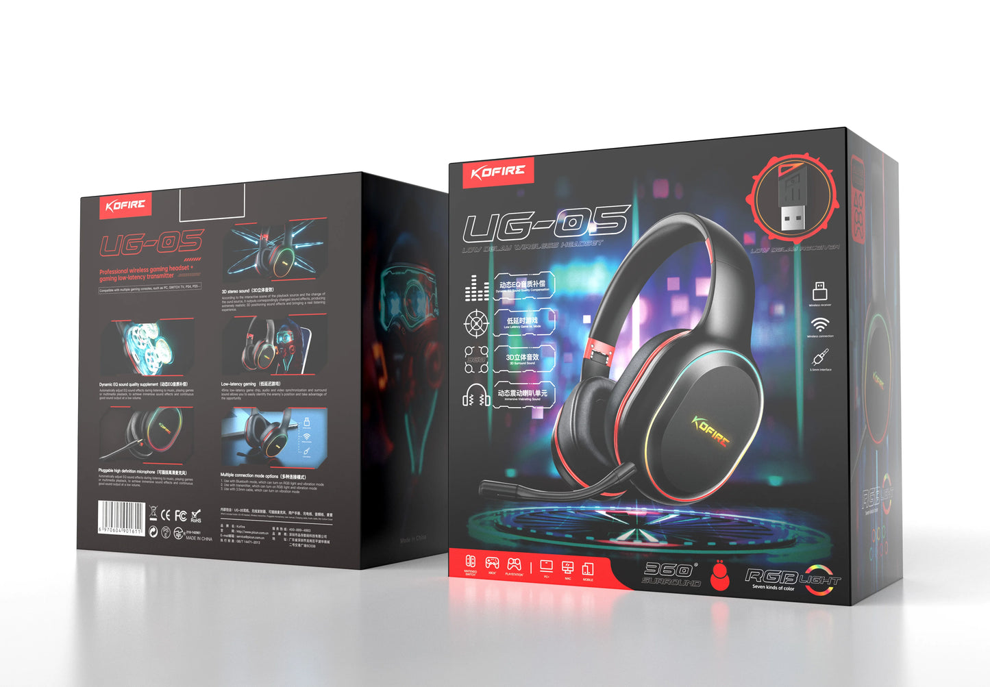 Kofire UG-05 Wireless Gaming Headset with Mic, RGB Lights, 2.4G Bluetooth 5.0 Gaming Headphones for PS5 PS4 PC Switch