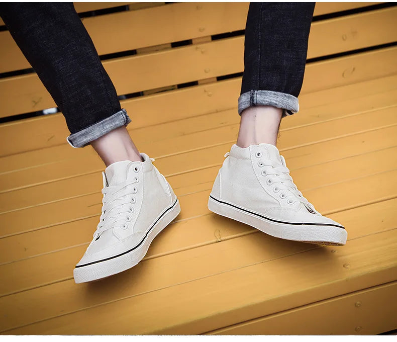 Baskets montantes en toile pour hommes, chaussures de Skate décontractées à lacets, toutes noires, pour étudiants, semelle plate, chaussures de Sport confortables