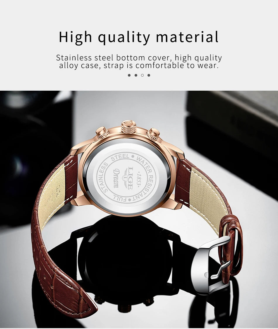 2025 New Men's Watches LIGE Top Brand Luxury Leather Casual Quartz Watch Men's Sport Waterproof Clock Watch Relogio Masculino+Box