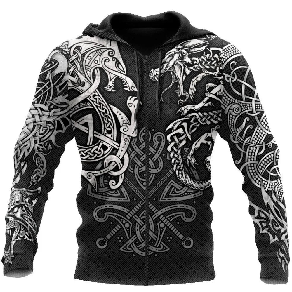 Sudaderas de moda con estampado 3D de lobo Fenrir y tatuaje de dragón por toda la prenda. Sudadera de hombre unisex con cremallera, chaqueta informal DW0220
