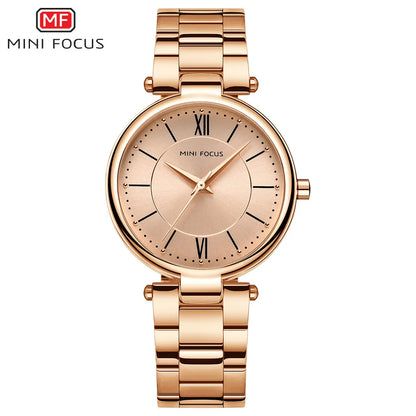 MINI FOCUS Stainless Steel Strap Watches for Women Waterproof Luxury Dress Quartz Wrist Watch Woman Lady Coffee Brown MF0189L