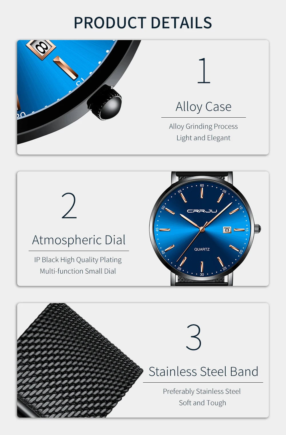 reloj hombre CRRJU Luxe blauwe waterdichte horloges Slank, stijlvol, met datum, casual kwartshorloge voor heren, sportief, met gaasband