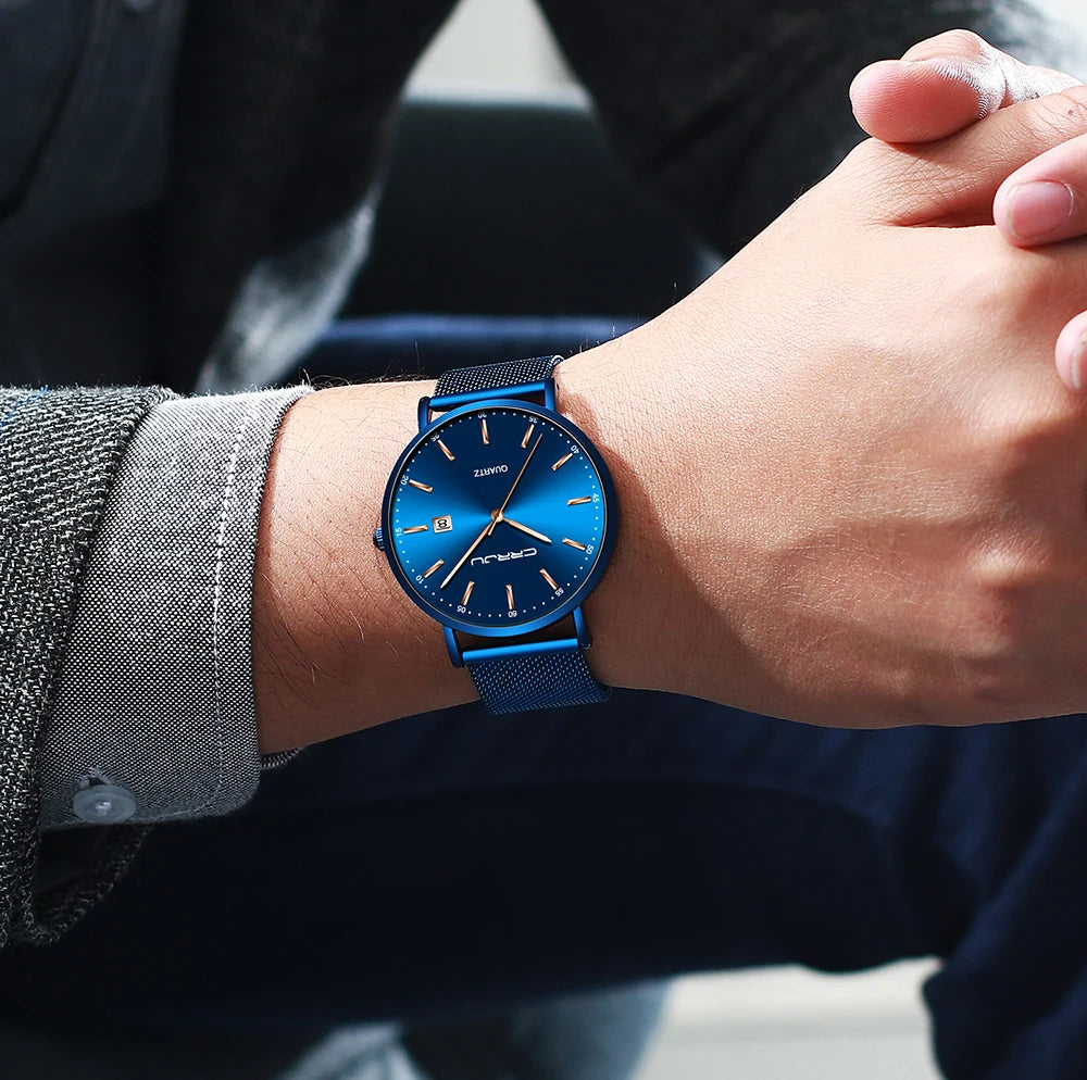 reloj hombre CRRJU Luxe blauwe waterdichte horloges Slank, stijlvol, met datum, casual kwartshorloge voor heren, sportief, met gaasband