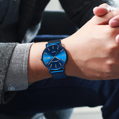 reloj hombre CRRJU Luxe blauwe waterdichte horloges Slank, stijlvol, met datum, casual kwartshorloge voor heren, sportief, met gaasband