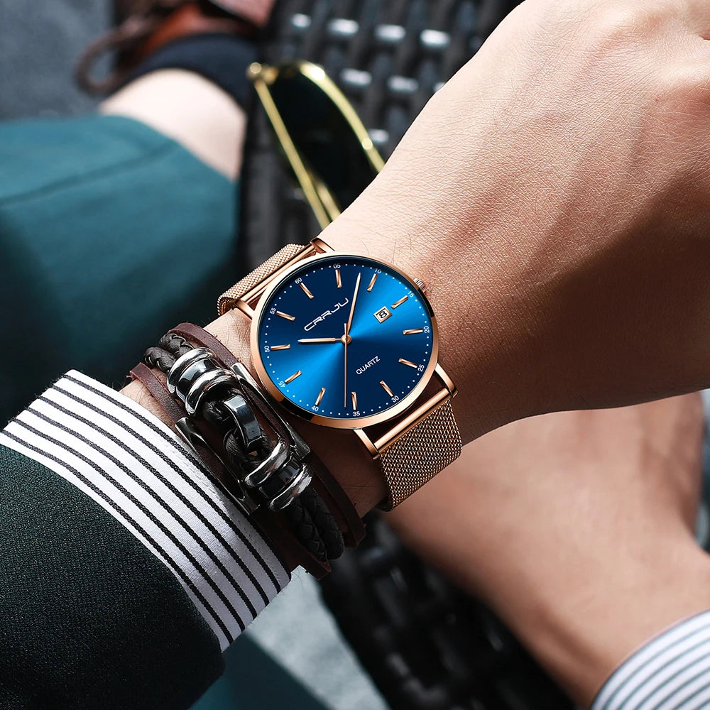reloj hombre CRRJU Luxe blauwe waterdichte horloges Slank, stijlvol, met datum, casual kwartshorloge voor heren, sportief, met gaasband