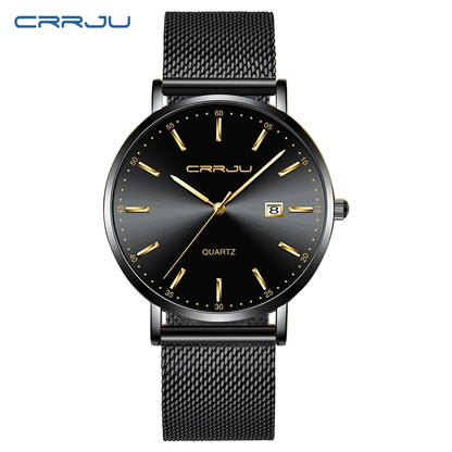 reloj hombre CRRJU Luxe blauwe waterdichte horloges Slank, stijlvol, met datum, casual kwartshorloge voor heren, sportief, met gaasband