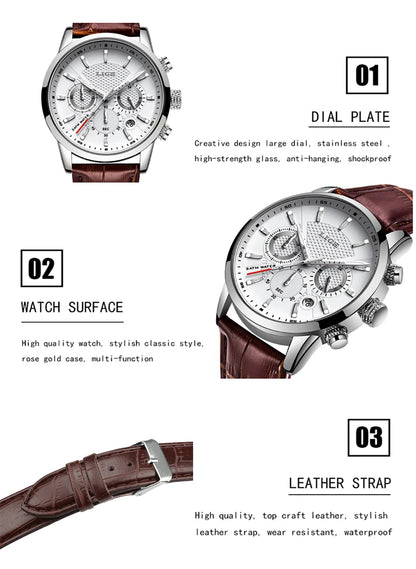 2025 New Men's Watches LIGE Top Brand Luxury Leather Casual Quartz Watch Men's Sport Waterproof Clock Watch Relogio Masculino+Box