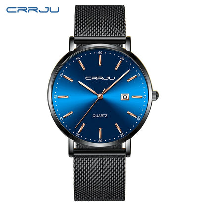 reloj hombre CRRJU Luxe blauwe waterdichte horloges Slank, stijlvol, met datum, casual kwartshorloge voor heren, sportief, met gaasband